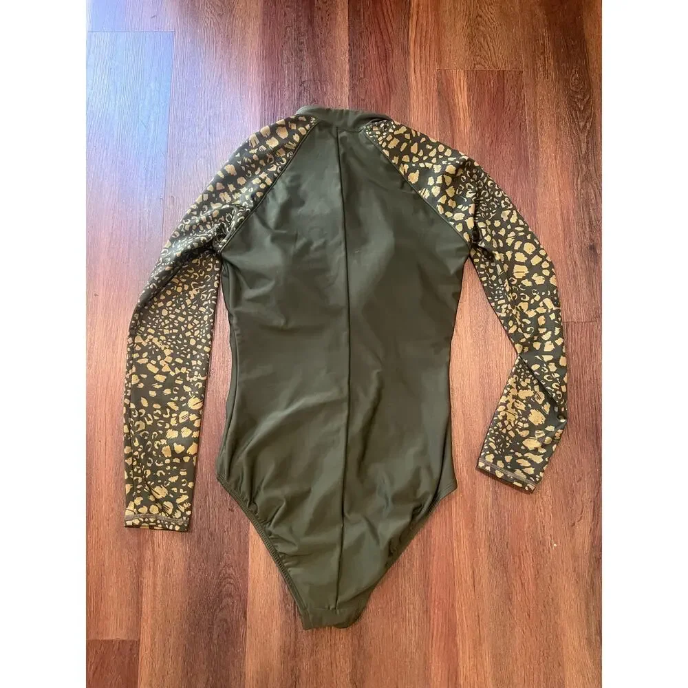 All in Motion Women's Long Sleeve One-Piece Rash Guard Swimsuit Green Leopard M